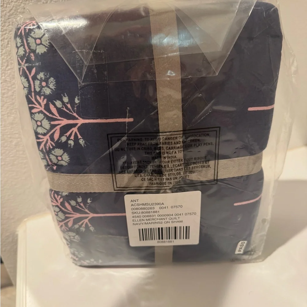 Anthropologie Dark Blue and Light Pink Botanical Quilted Pillowcases
